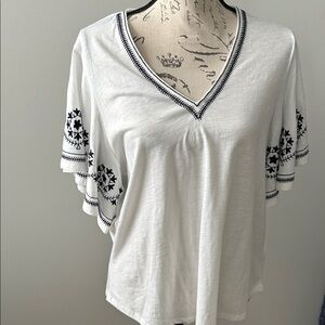 Karen Kane White Blouse with Black Embroidery
